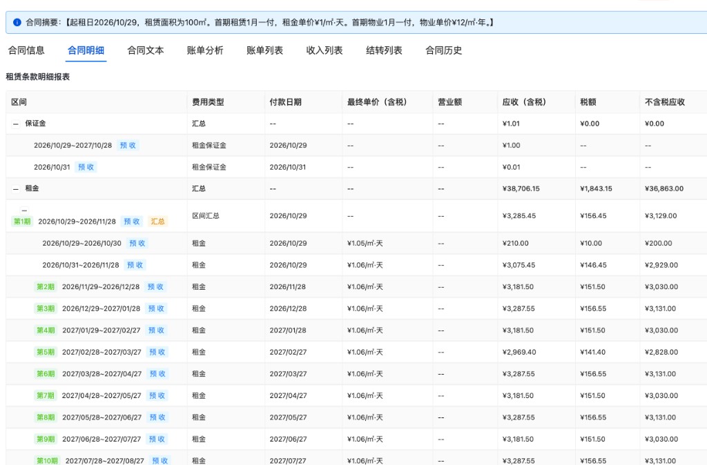 合同明细与租金测算